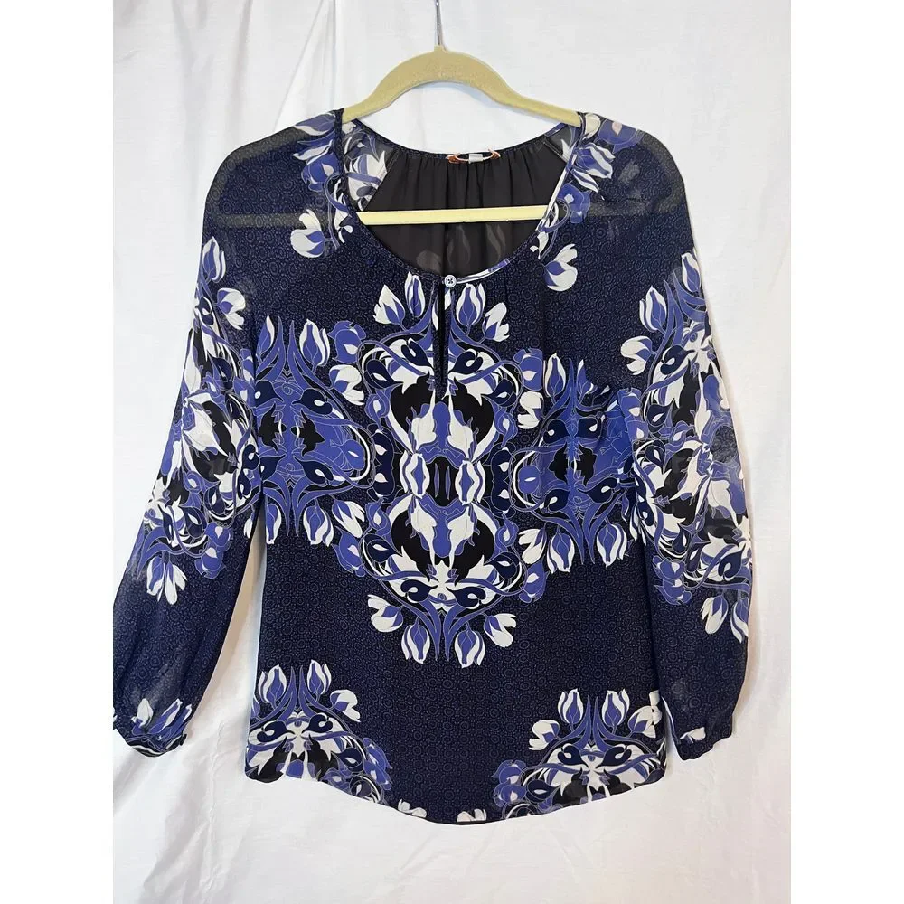 Tory Burch Screen Print Silk Medallion Scroll Blue Cream Sheer Blouse Size 2